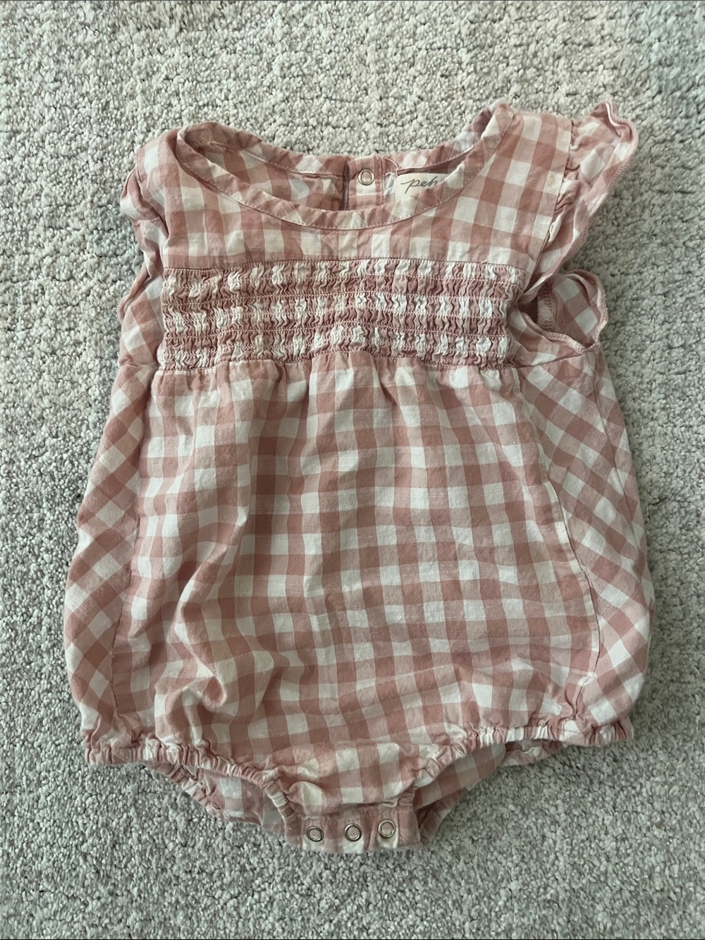Pehr Pink Gingham Smocked Baby Romper 12-18 months EUC